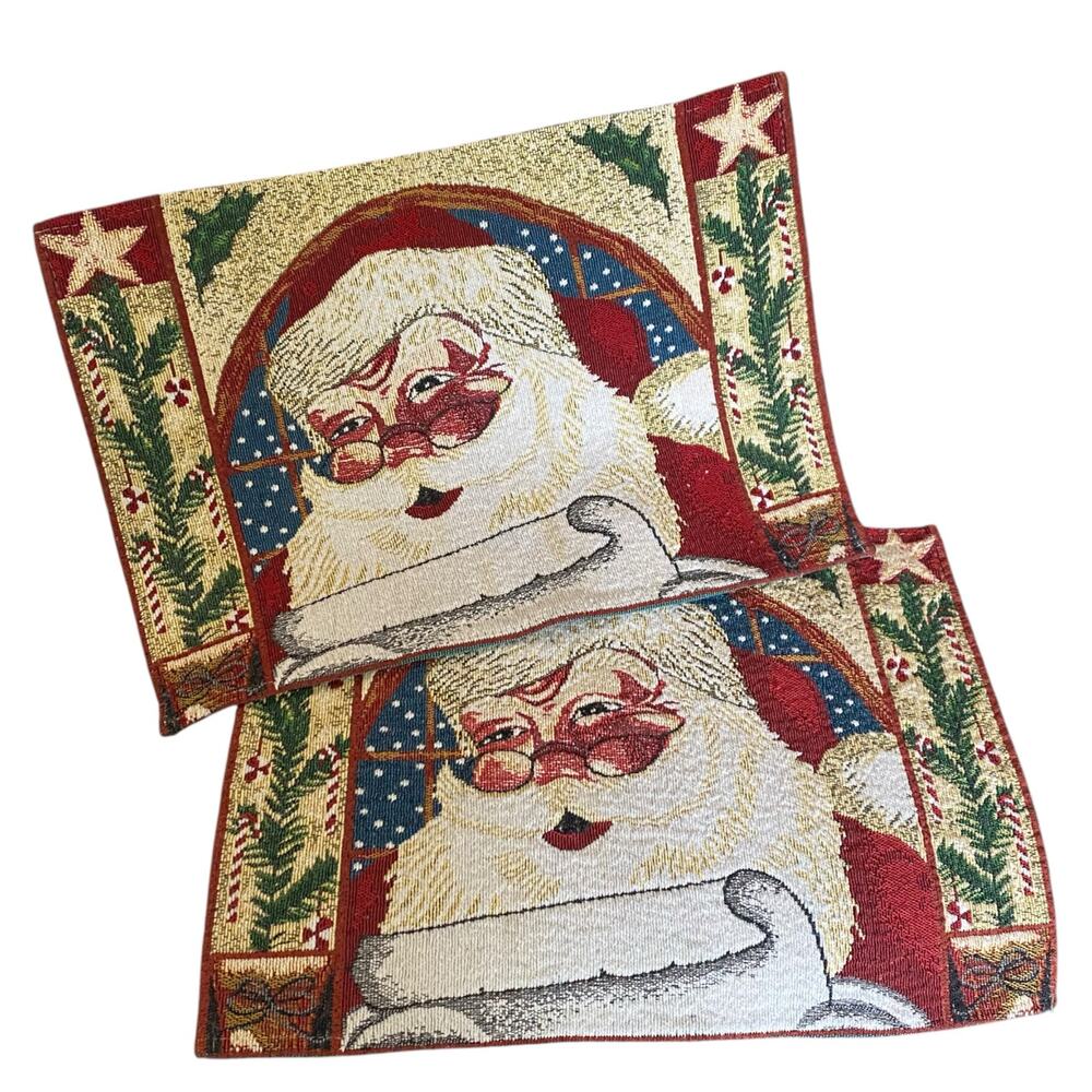 Set of 2 Vintage Santa Claus Placemats - Christmas Linen - Reading Nice List